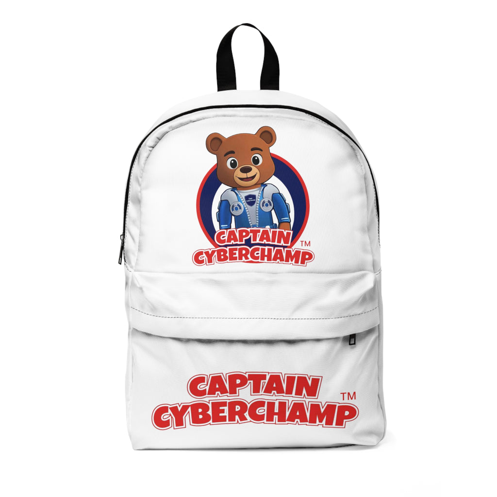 White backpack with Captain Cyberchamp logo featuring a bear character on a white background