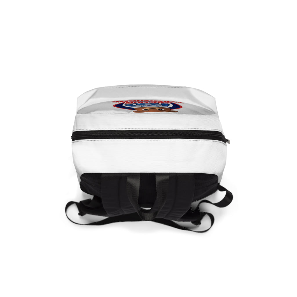 White backpack with a logo on a white background