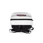 White backpack with a logo on a white background