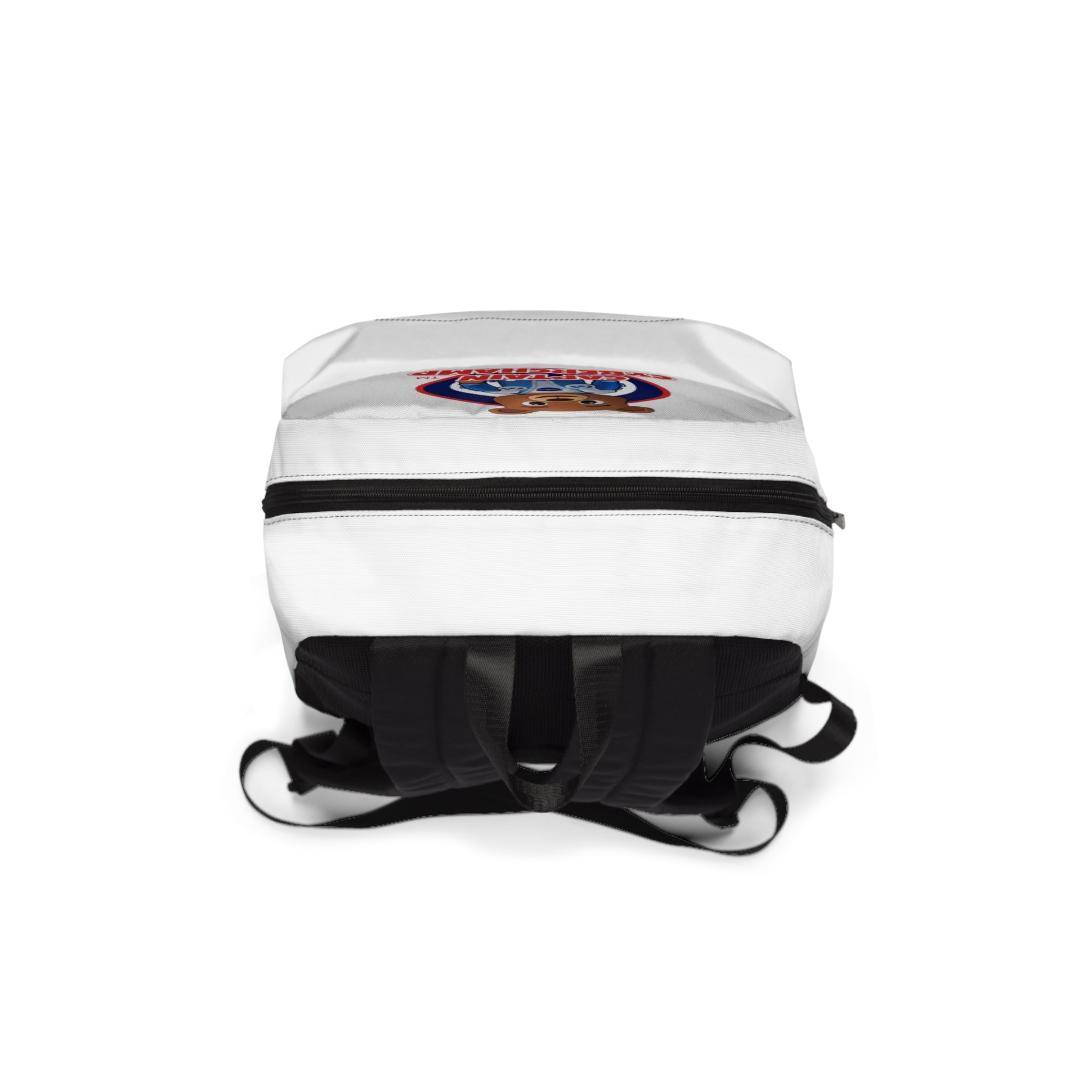 White backpack with a logo on a white background