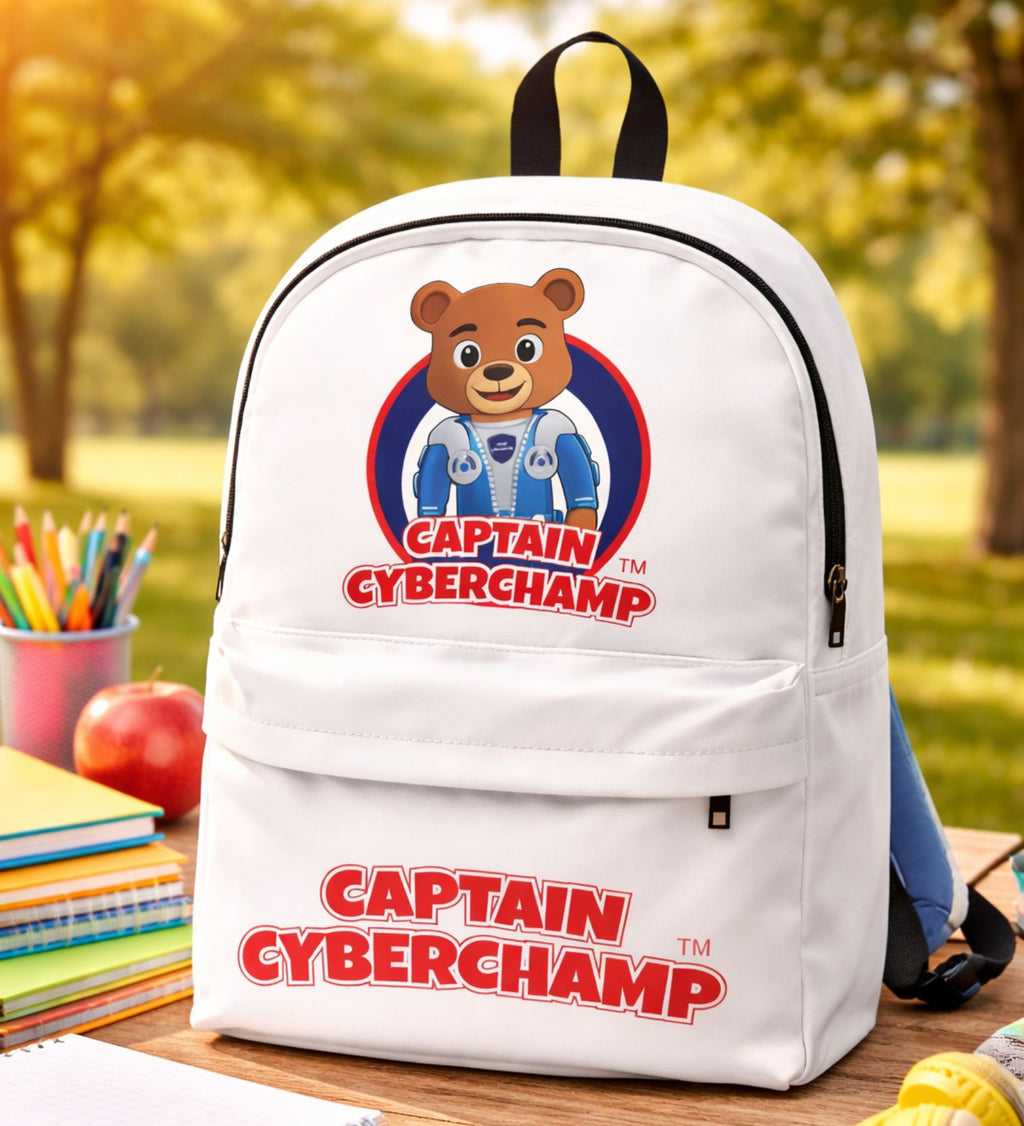 White backpack with Captain Cyberchamp logo on a table outdoors